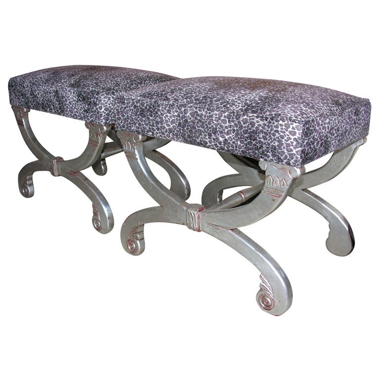 Vintage Pair Silver Leaf And Leopard Benches