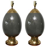 Vintage Pair of charcoal gray ceramic and brass egg lamps