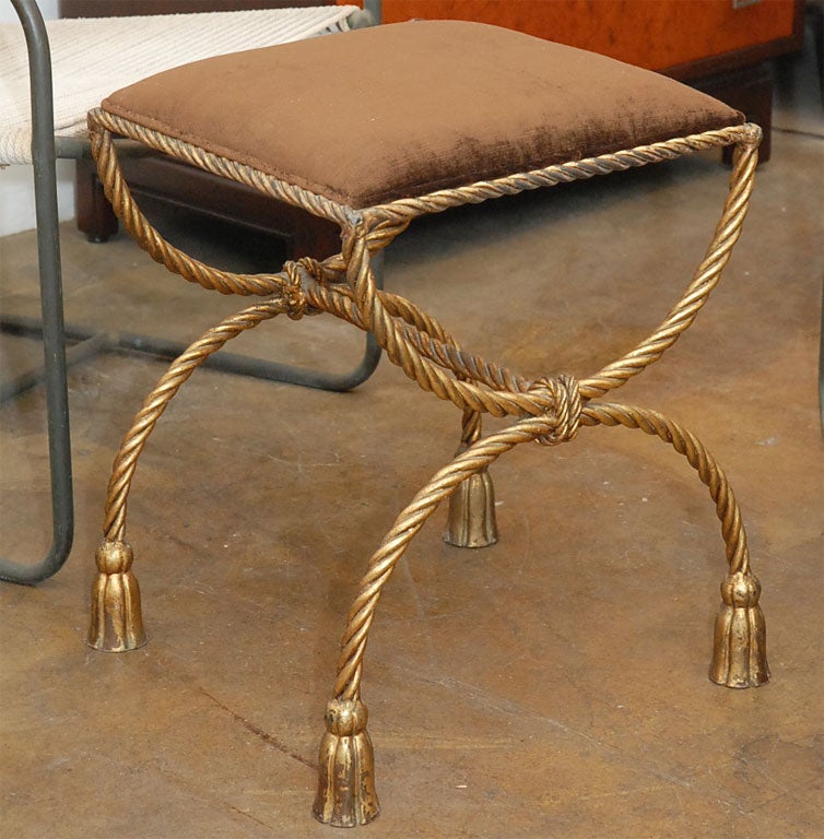 Hollywood regency bench, foot stool, gilted metal.