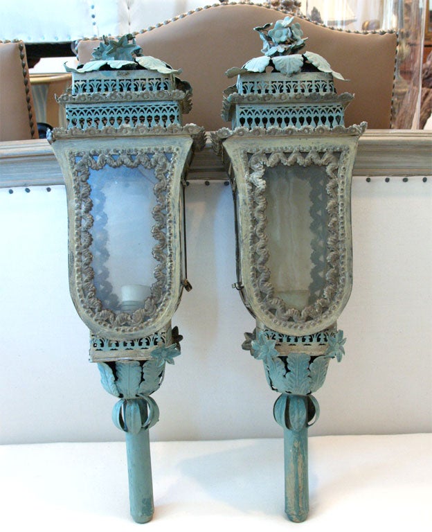 Pair of early 19th C., Italian, beautiful tole, carriage lanterns.