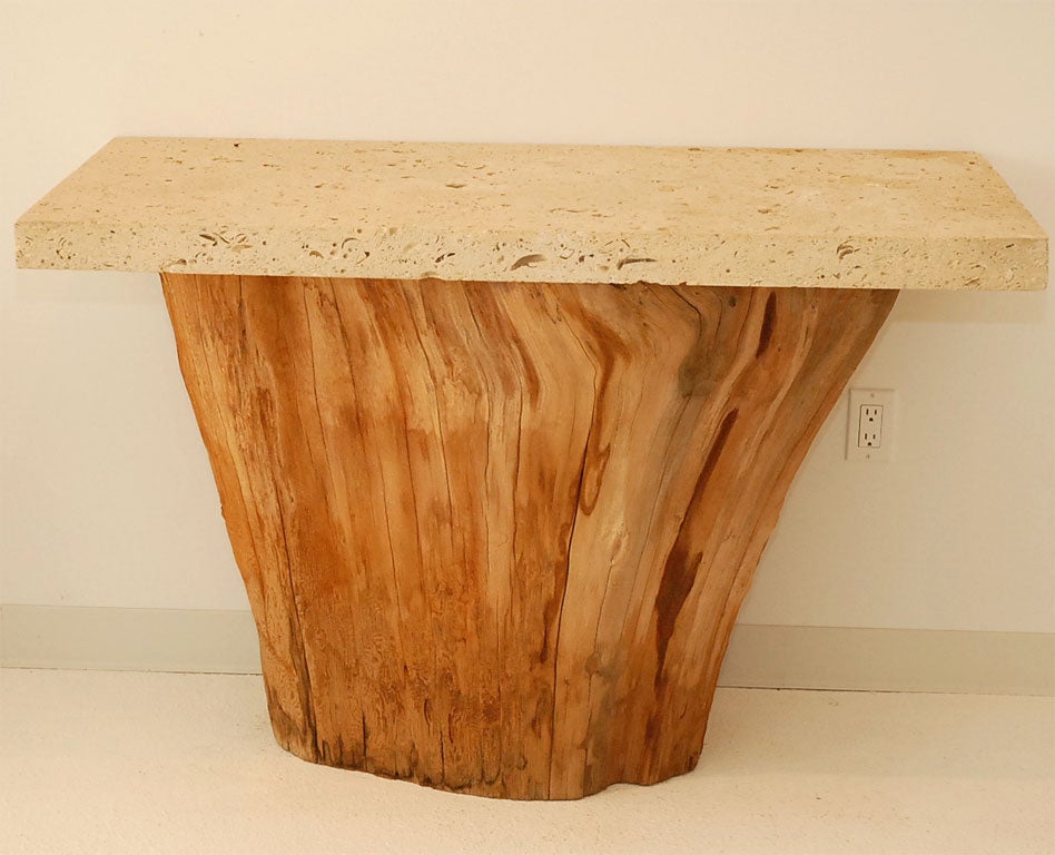 Custom server- attributed to Michael Taylor- with natural cypress tree stump base and fossilized stone top.