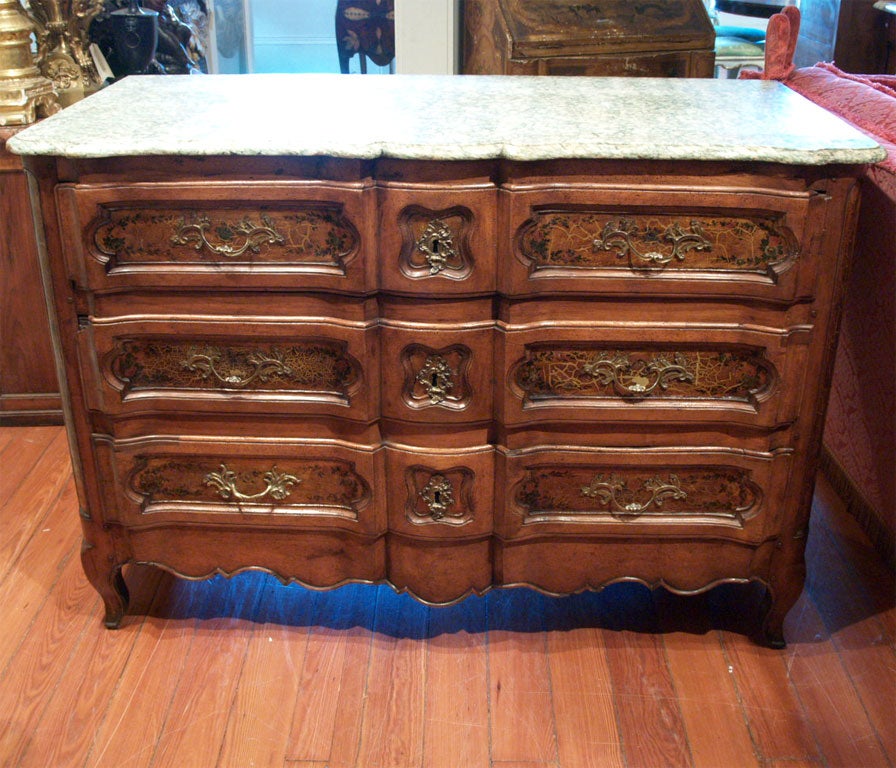Period Louis XV walnut commode with marble top and vernis martin style painting. Extensive craqaleur on the painting.