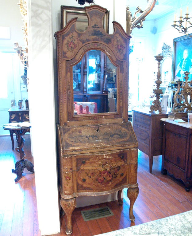 Original painted Venetian slant front secretary bookcase with mirror door and two drawers. Original paint and glazing.