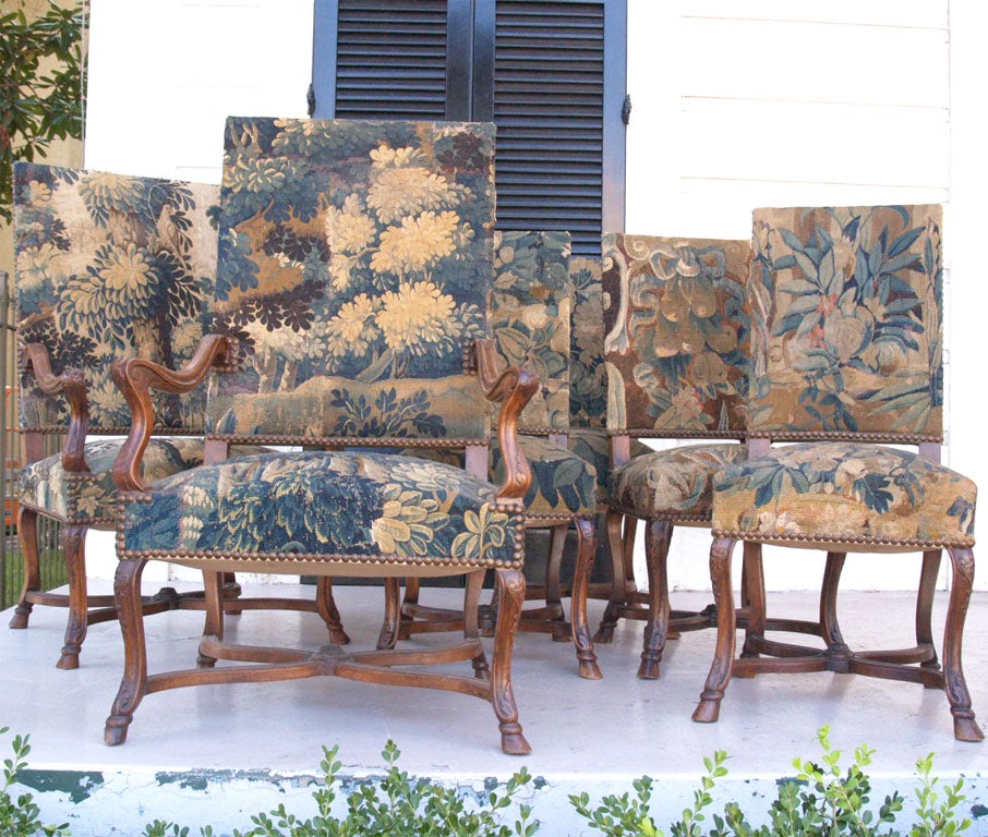 Set of 6 19th c Walnut hoof foot Chairs with Verdure Tapestry