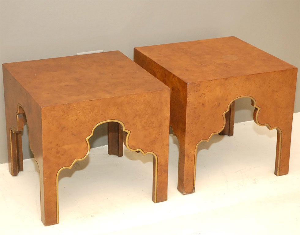 Great Olive Burl tables that can be used as a small coffee table or low accent tables.  Moorish beaded arches are guilded with gold leaf.