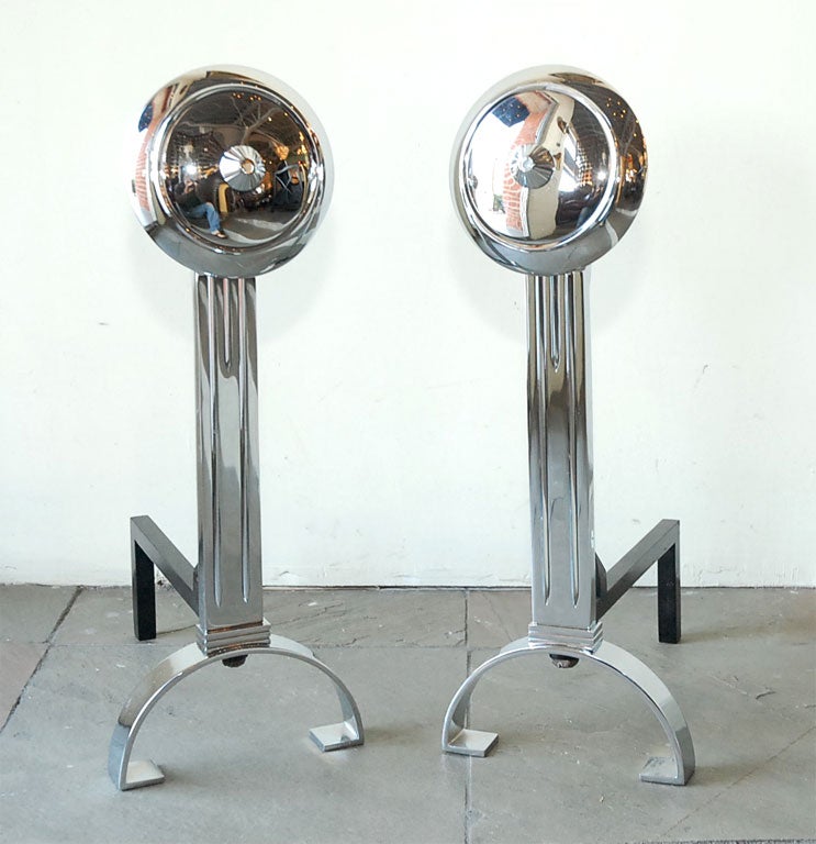This is a great pair of restored Deco-inspired modernist fireplace andirons, perfect for many settings.