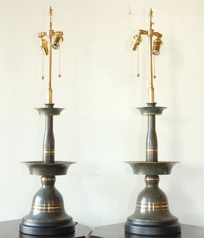 Pair of Bronze & Brass Candlestick Style Table Lamps 3