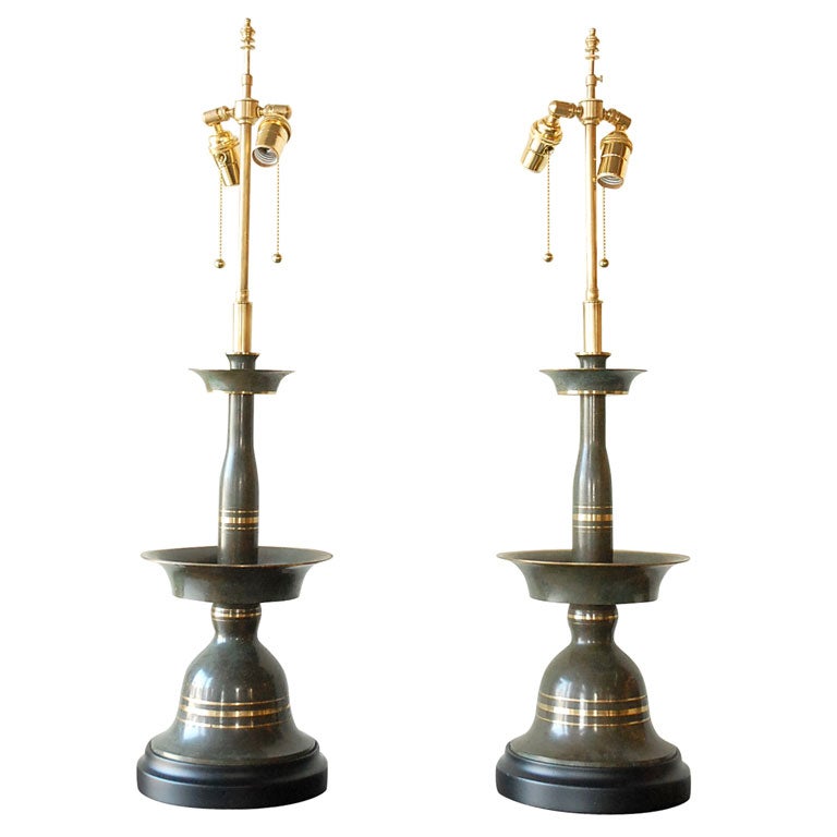Pair of Bronze & Brass Candlestick Style Table Lamps