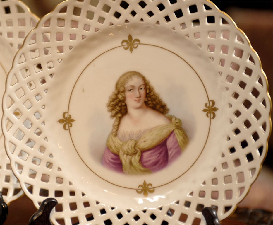 French Set of 3 Sevre Portrait Lattice Plates For Sale