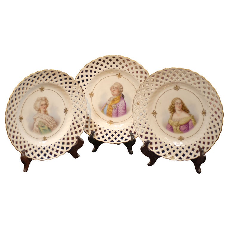 Set of 3 Sevre Portrait Lattice Plates For Sale