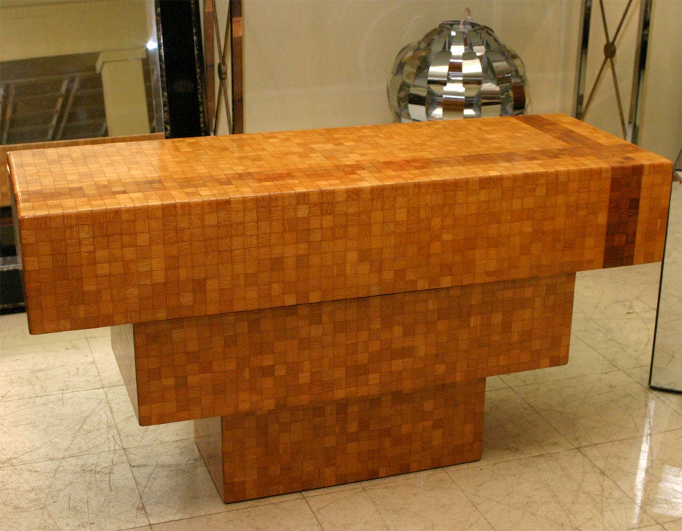 Parquetry console table with light and dark walnut