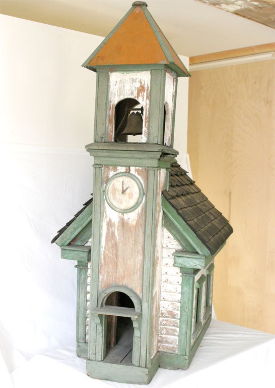Charming wooden painted school house or church. May have been constructed as a bird house, Has old bell in the tower and clock face. From the estate of Benny Goodman.