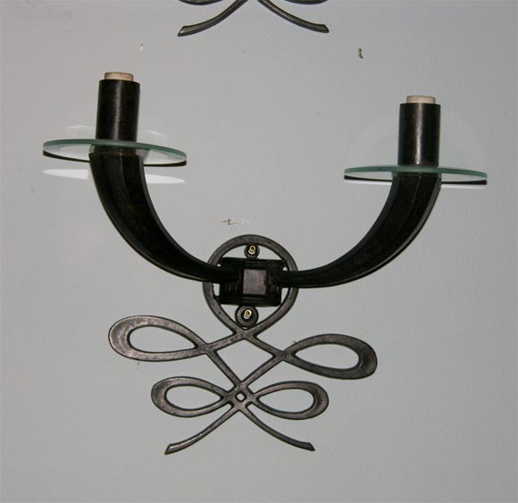 Bronze sconces attibuted to Leleu with glass accents.