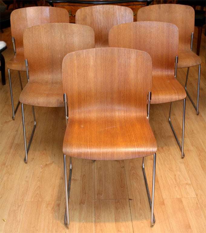 Set of 6 mid-century modern stacking chairs in beech-faced laminated plywood, with heavy-duty chromed<br />
steel constructed legs.  Rowland was awarded a gold medal for this design at the Milan XIII Triennale in 1964