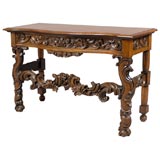 Slim Console Table in Walnut with Elaborate Carving, c. 1890