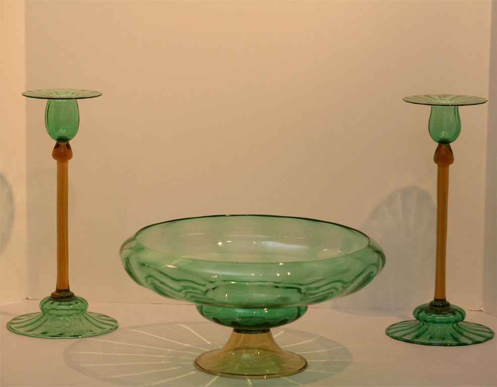 20th Century Steuben Handblown 3-Piece Art Nouveau Centerpiece Set-Pomona Green and Topaz