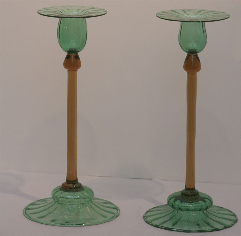 Steuben Handblown 3-Piece Art Nouveau Centerpiece Set-Pomona Green and Topaz 1