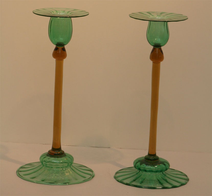 Steuben Handblown 3-Piece Art Nouveau Centerpiece Set-Pomona Green and Topaz 2