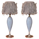 C. 1950 Lavender Murano Lamps with Gray Feather Shades