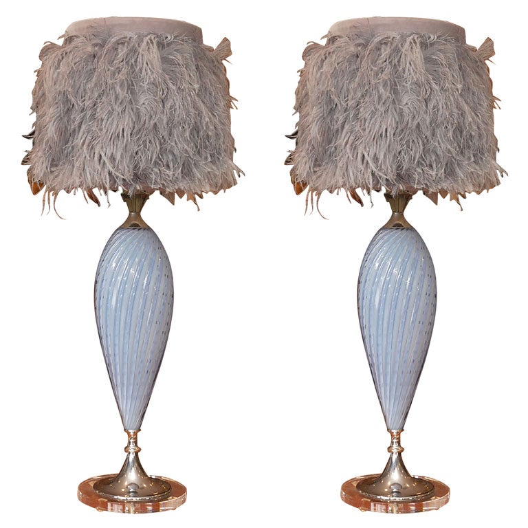 C. 1950 Lavender Murano Lamps with Gray Feather Shades