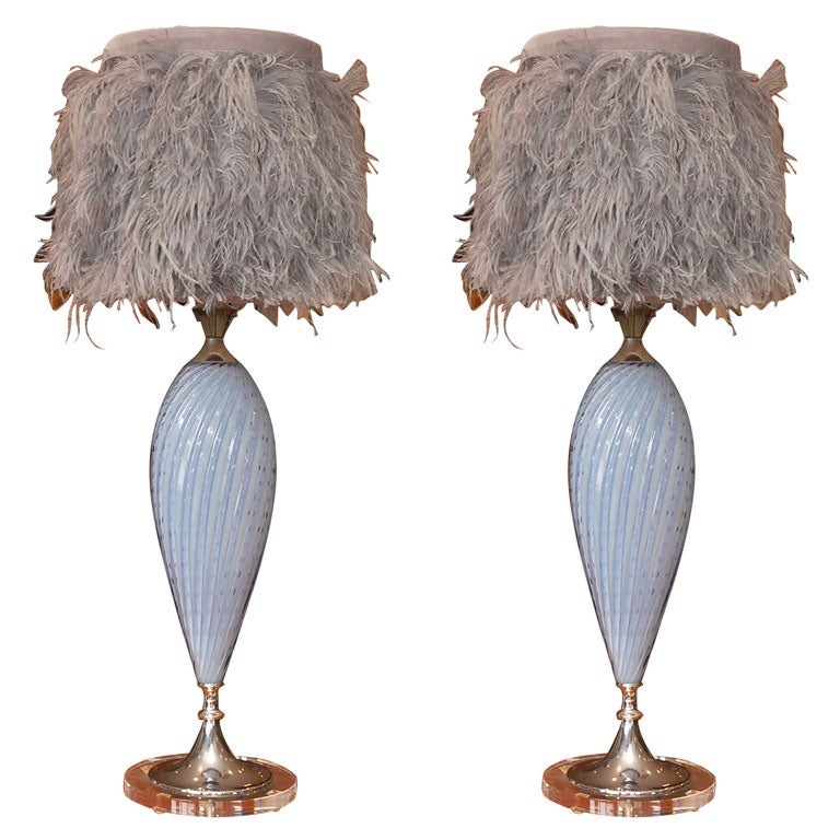 C. 1950 Lavender Murano Lamps with Gray Feather Shades