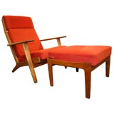 Hans Wegner Teak Red High Back Lounge Chair with Ottoman