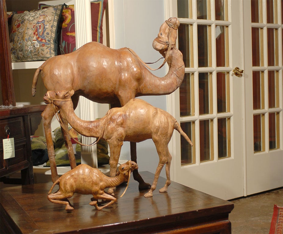 Set of three camels made with fine quality leather and lifelike details.  They would make a great holiday display.