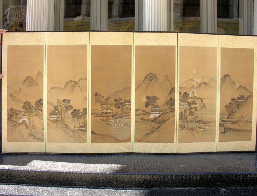 Hand painted byobu screen from Meiji Period Japan. First design available as a pair, with rural scene continuing in second piece. Second design pictured also available as pair or single. Priced as individual pieces.