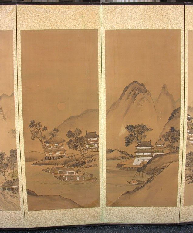 19th Century Painted Rice Paper & Wood Screen (Byobu) For Sale