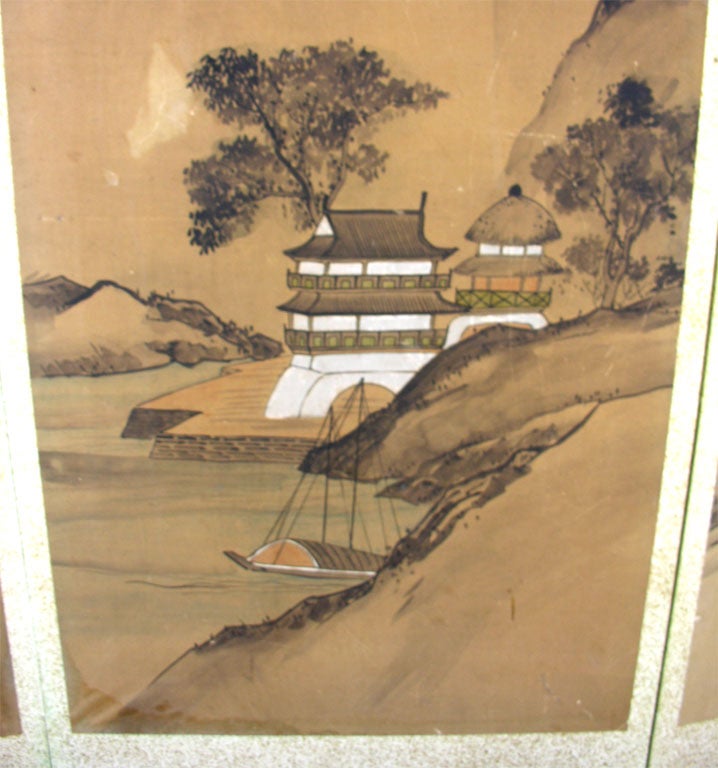 Painted Rice Paper & Wood Screen (Byobu) For Sale 1