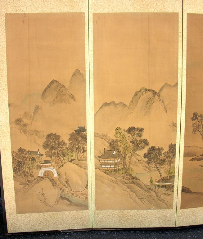 Painted Rice Paper & Wood Screen (Byobu) For Sale 2