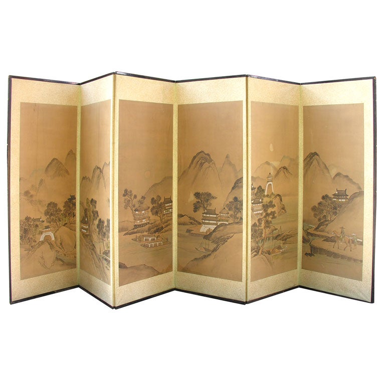 Painted Rice Paper & Wood Screen (Byobu) For Sale