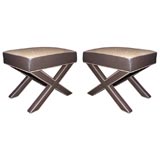 Pair of X Benches in Chocolate Leather with Ostrich Seats