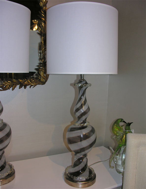 Pair of Dino Martens Black & White Spiral Glass Lamps