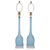 Pair of Sky Blue Glass Lamps on White Marble Bases by Vistosi