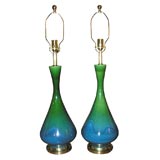 Vintage Pair of Blue & Green Glazed Ceramic Lamps