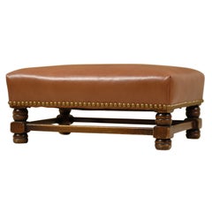 19th Century English Walnut Stretcher Base Leather Footstool