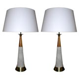 Vintage Pair of 1950'S-60'S Alabaster, Brass-Plate and Teak Lamps