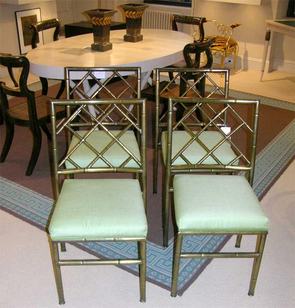 Set of 4 Faux Bamboo Brass Chairs, <br />
<br />
UPHOLSTERED IN CLAREMONT FABRIC<br />
Serge Antique
