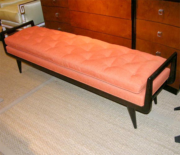 Duane Modern custom long upholstered bench with open arms in the style in T.H.Robsjohn Gibbings.