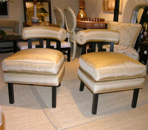 Asian inspired slipper chair with round 
bolster back and silk upholstery by Duane Modern