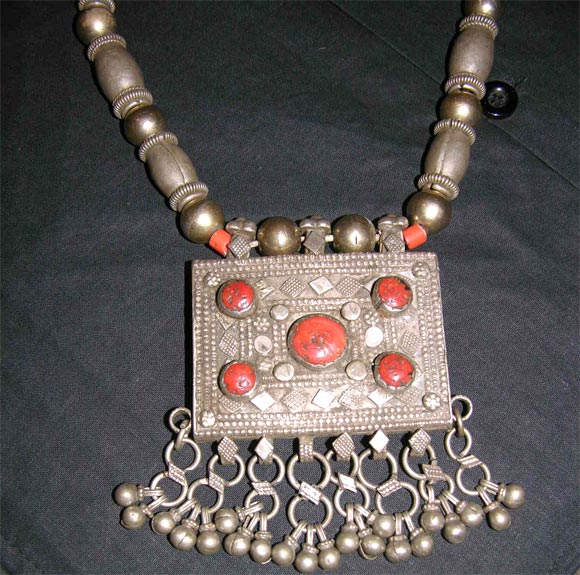 Yemeni Silver & Coral Necklace` For Sale
