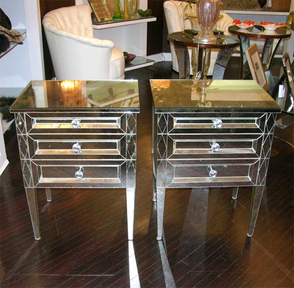 American Pair of Diamond Front Mirrored Commodes For Sale