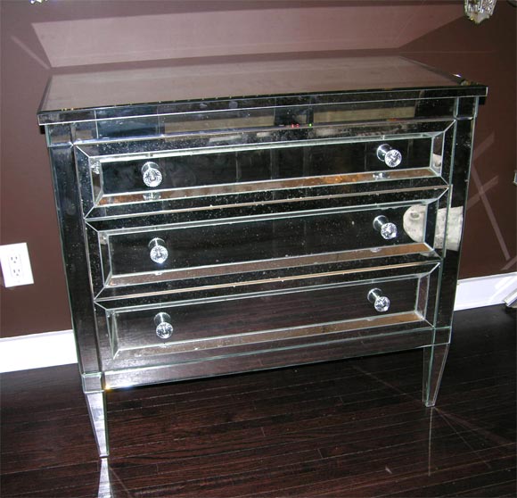 Custom Neoclassical Modern 3-drawer beveled mirrored dresser. Customization is available in different sizes, finishes and hardware.