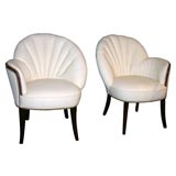 Pair of White Leather Asymmetrical Fan Back Chairs
