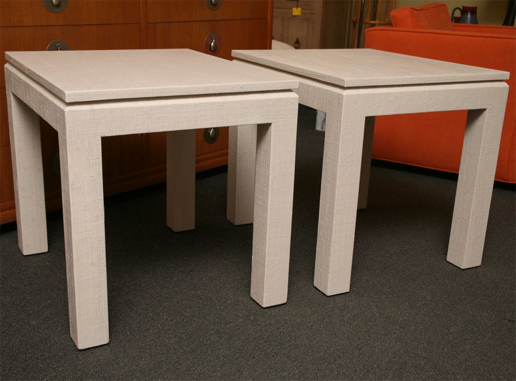 White Lacquered Grasscloth Parsons Style Tables