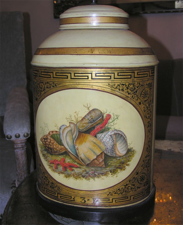 Painted Pair oval English hand painted tea canister lamps