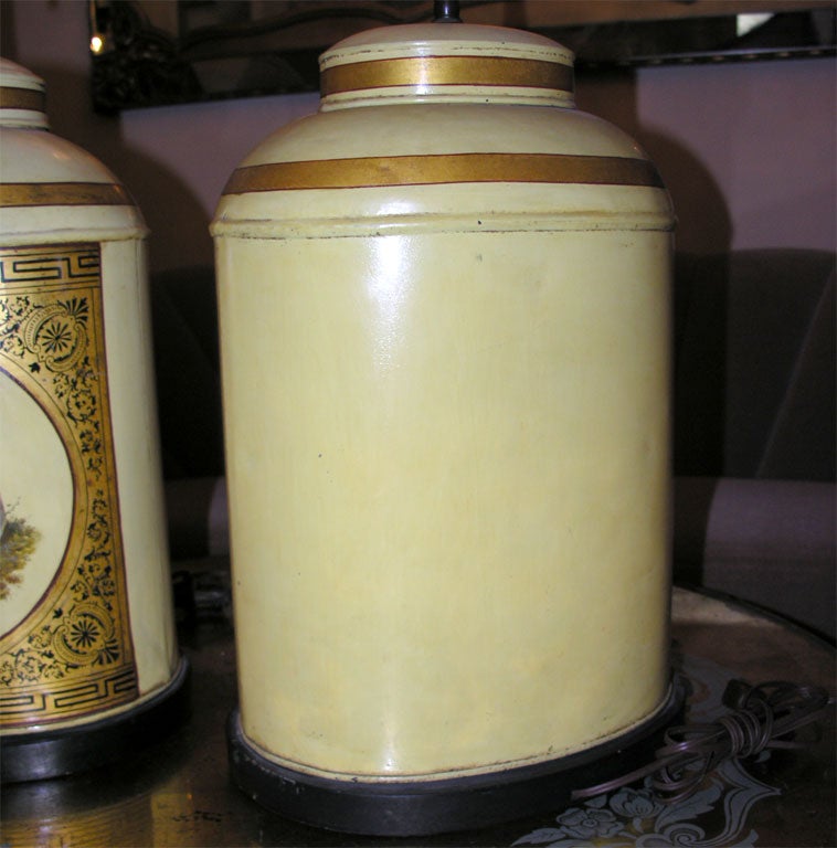 Pair oval English hand painted tea canister lamps 3