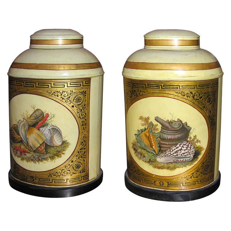 Pair oval English hand painted tea canister lamps