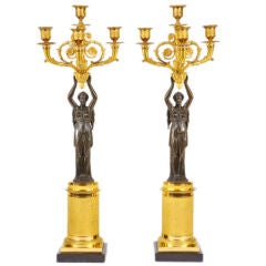 Pair of Empire Ormolu and Patinated Bronze Candelabra